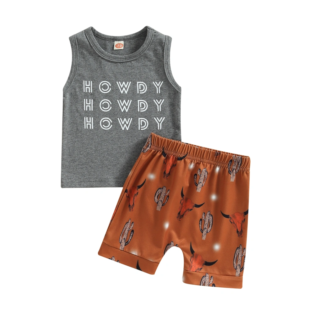 Boys Sleeveless O Neck Letter Print Vest + Cattle Head Print Shorts