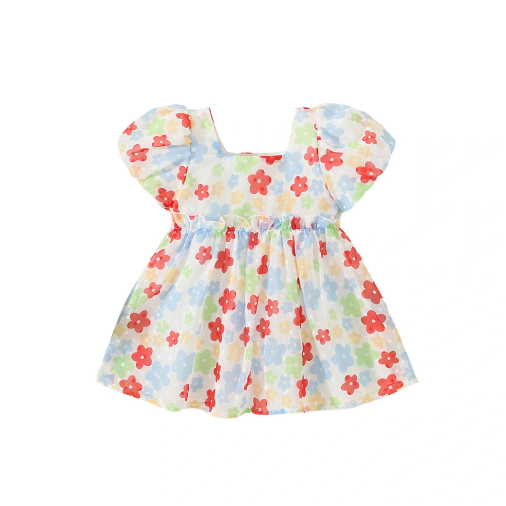 Girl Short Sleeve Square Neck Floral Print Ruffled A-Lined Dress