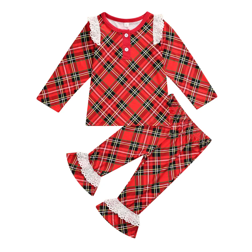 Girl’s Plaid Lace Stitching Long Sleeve Tops and Trumpet Pants Set