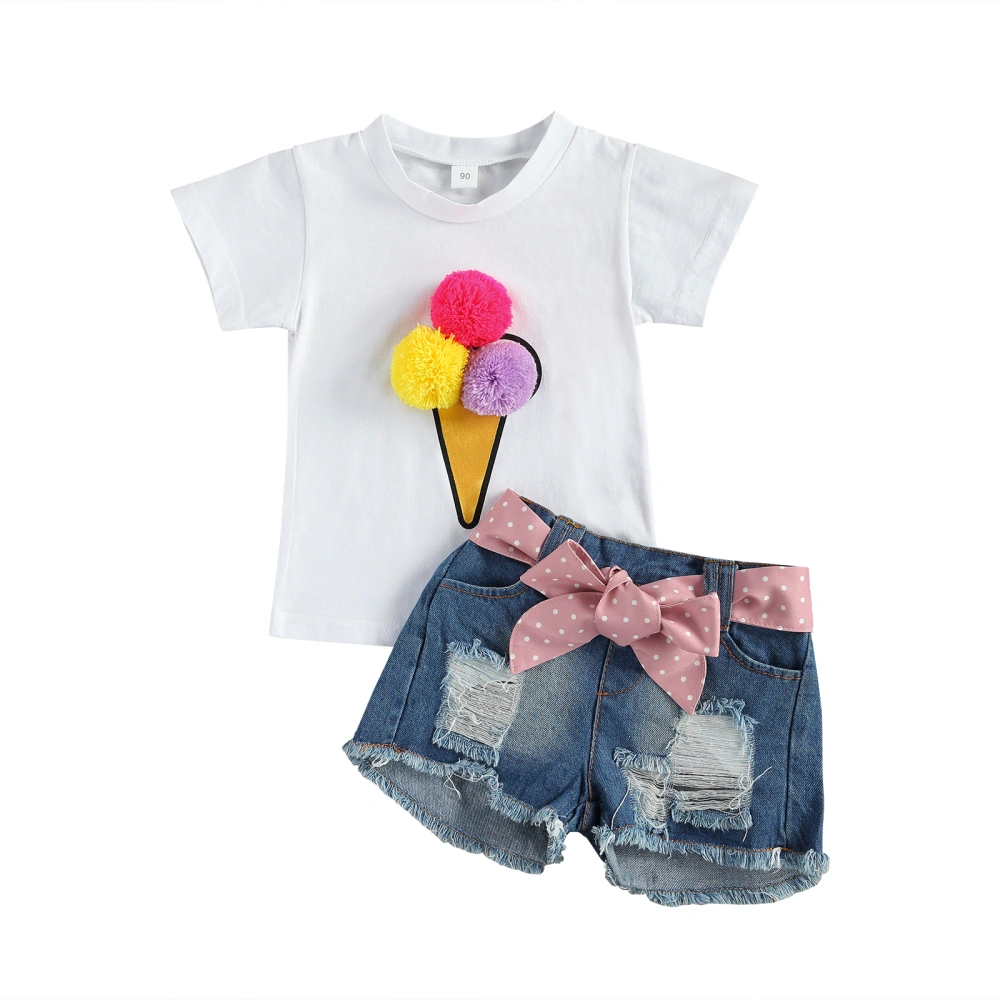 Kids Girls Fashion 2-piece Outfit Set Pompom Tops+Denim Shorts Set