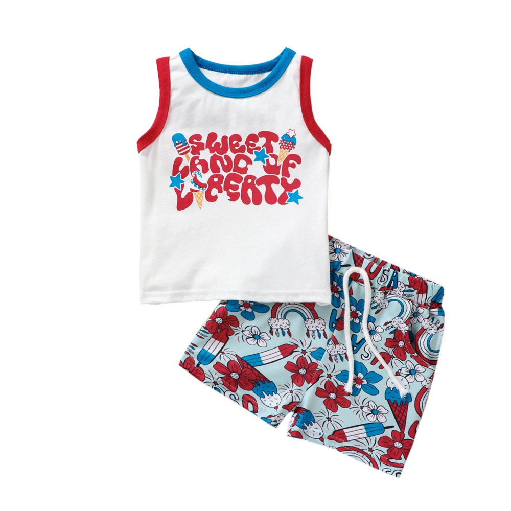 Boys Sleeveless O Neck Letter Print Vest + Floral Rainbow Print Shorts