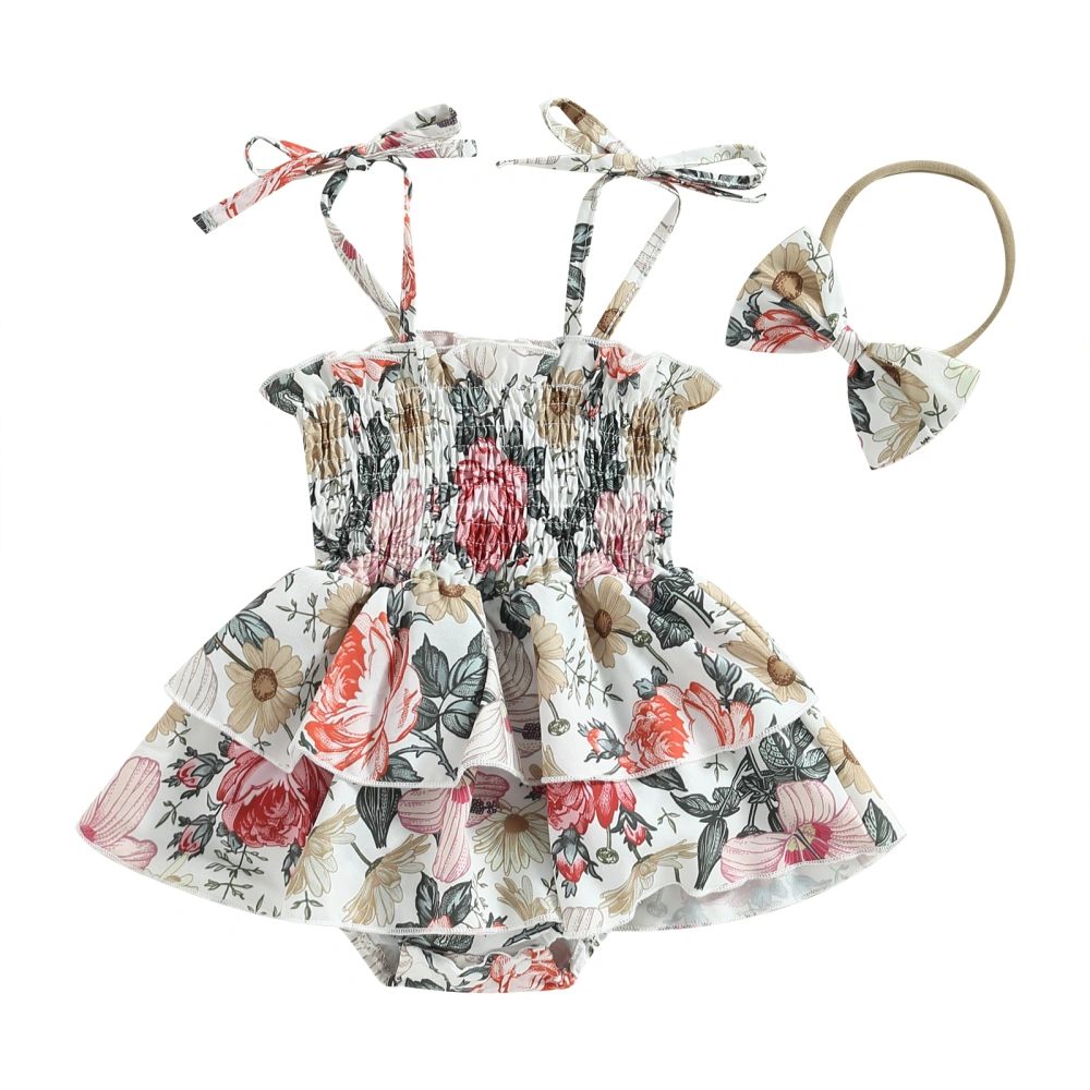 Baby Girl Summer Outfits, Strap Floral Romper Dress with Headband Set