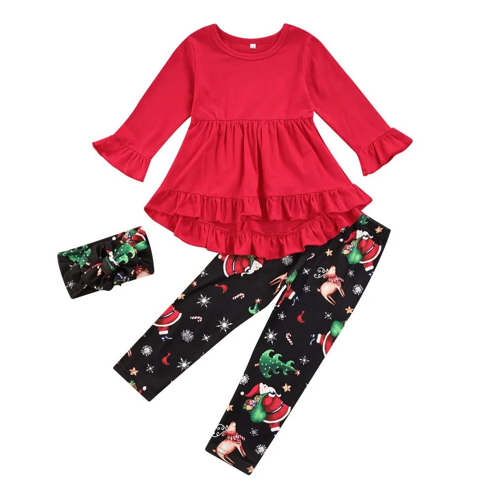 Girl’s Ruffles Long Sleeve Tops and Print Long Pants with Headband Set