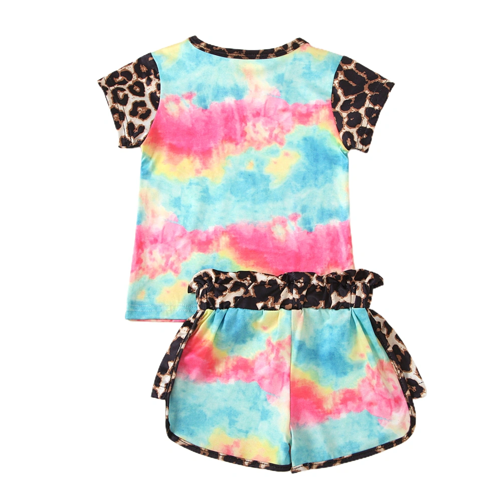 Baby Leopard Print Clothes Set, Tie-dye T-shirt+Elastic Waist Shorts