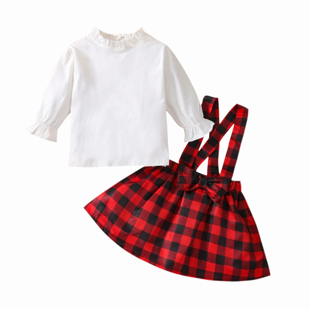 Baby Girl’s Ruffles Long Sleeve T-shirt and Plaid Suspender Skirt Set