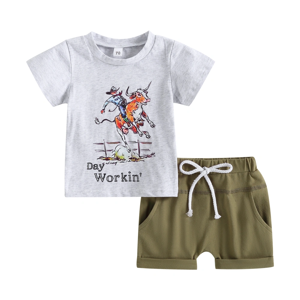 Boys Short Sleeve Letter Cattle Tops + Solid Color Drawstring Shorts