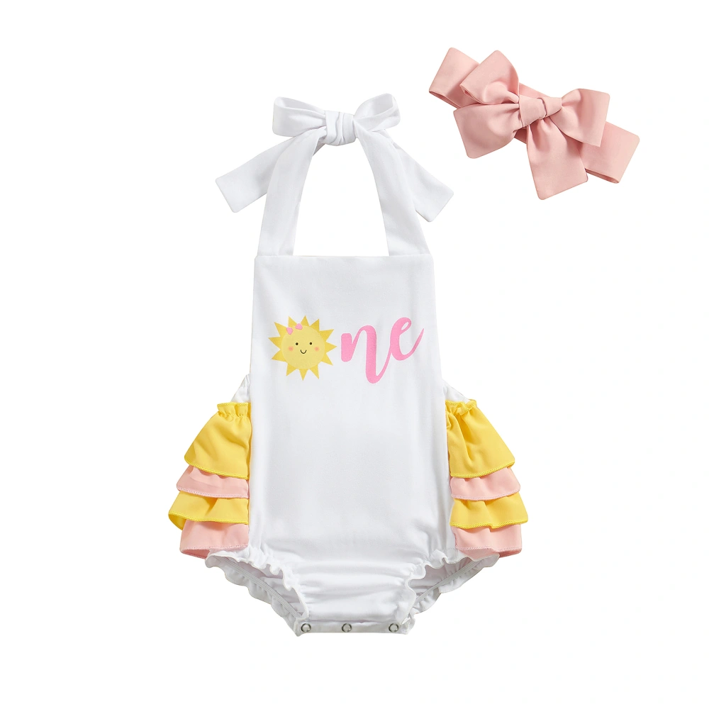 Baby Girls Romper Set, Sleeveless Sun Letters Print Romper + Hairband