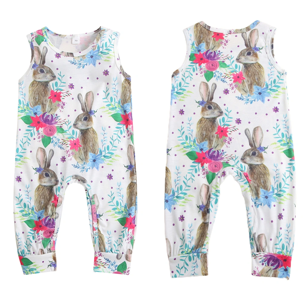 Girls Easter Rabbit Print Romper, Sleeveless Crew Neck Long Jumpsuit