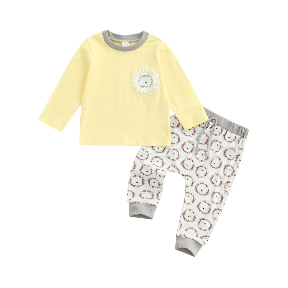 Toddler Boys 2Pcs Fall Outfits, Long Sleeve Lion Tops + Pants Set