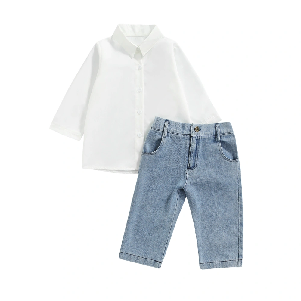 Girls Solid Color Clothes Set, Lapel Neck Button-up Shirt+Long Jeans