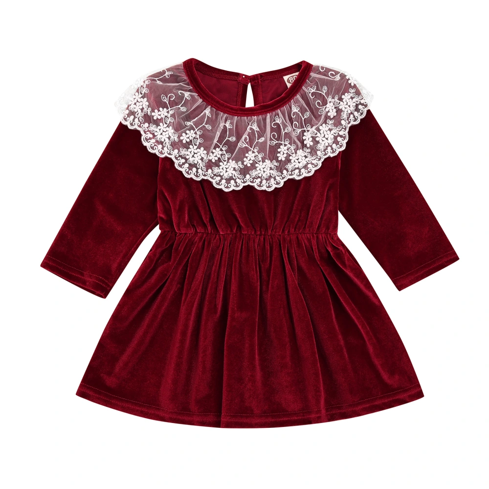 Girl’s Solid Color Lace Trim Round Neck Long Sleeve A-line Dress