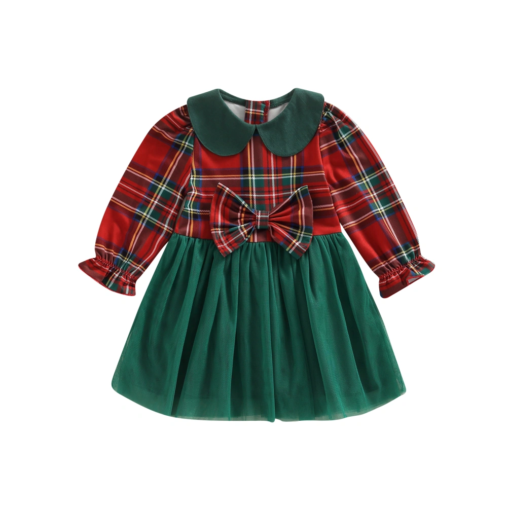 Girl Plaid Print Tulle Patchwork Long Sleeve Doll Collar A-Line Dress