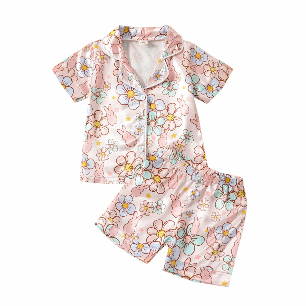 Girls Easter Pajamas Set, Short Sleeve Button Shirts and Shorts Set