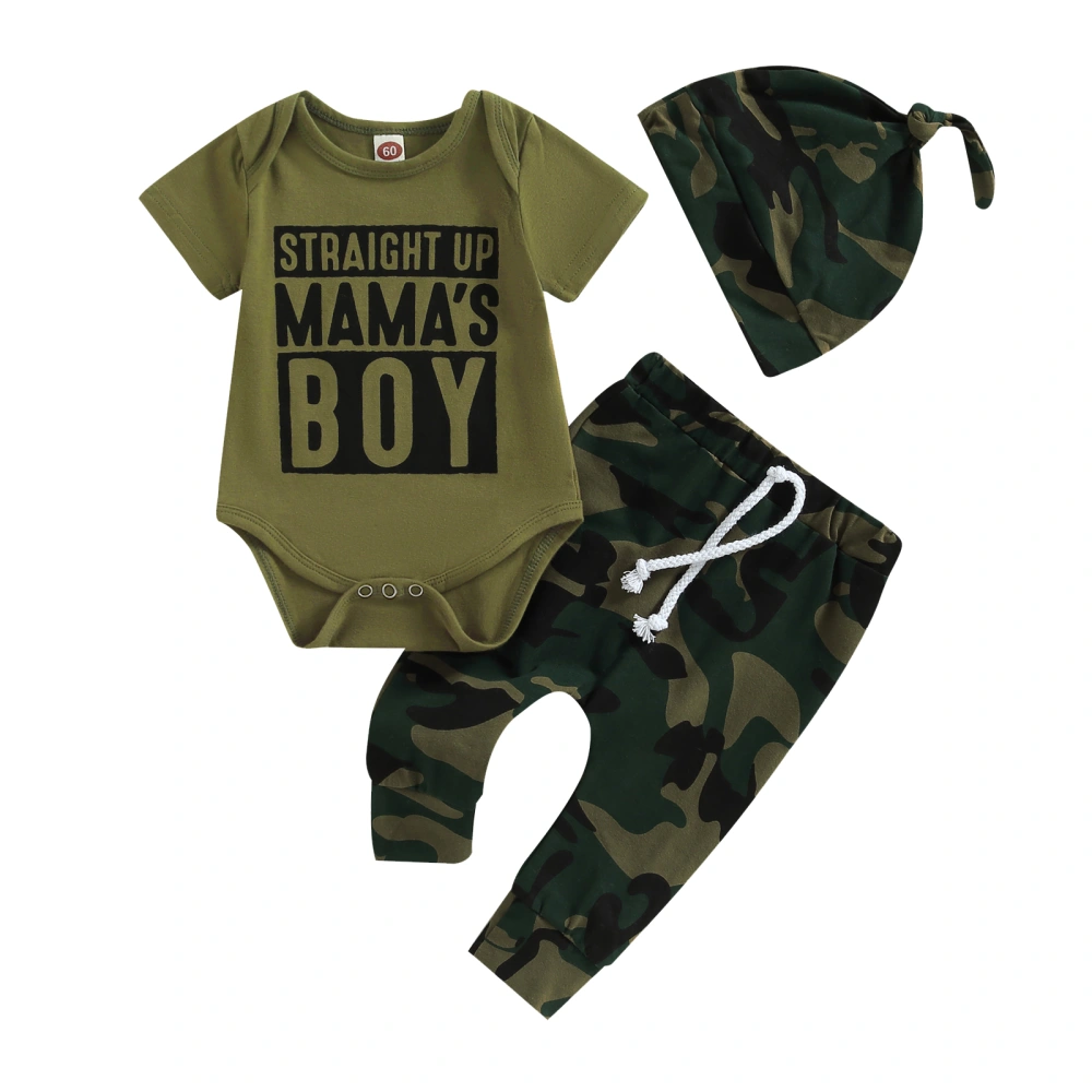 Baby Boy Spring Outfits, Letter Romper + Pants + Top Knot Hat Set