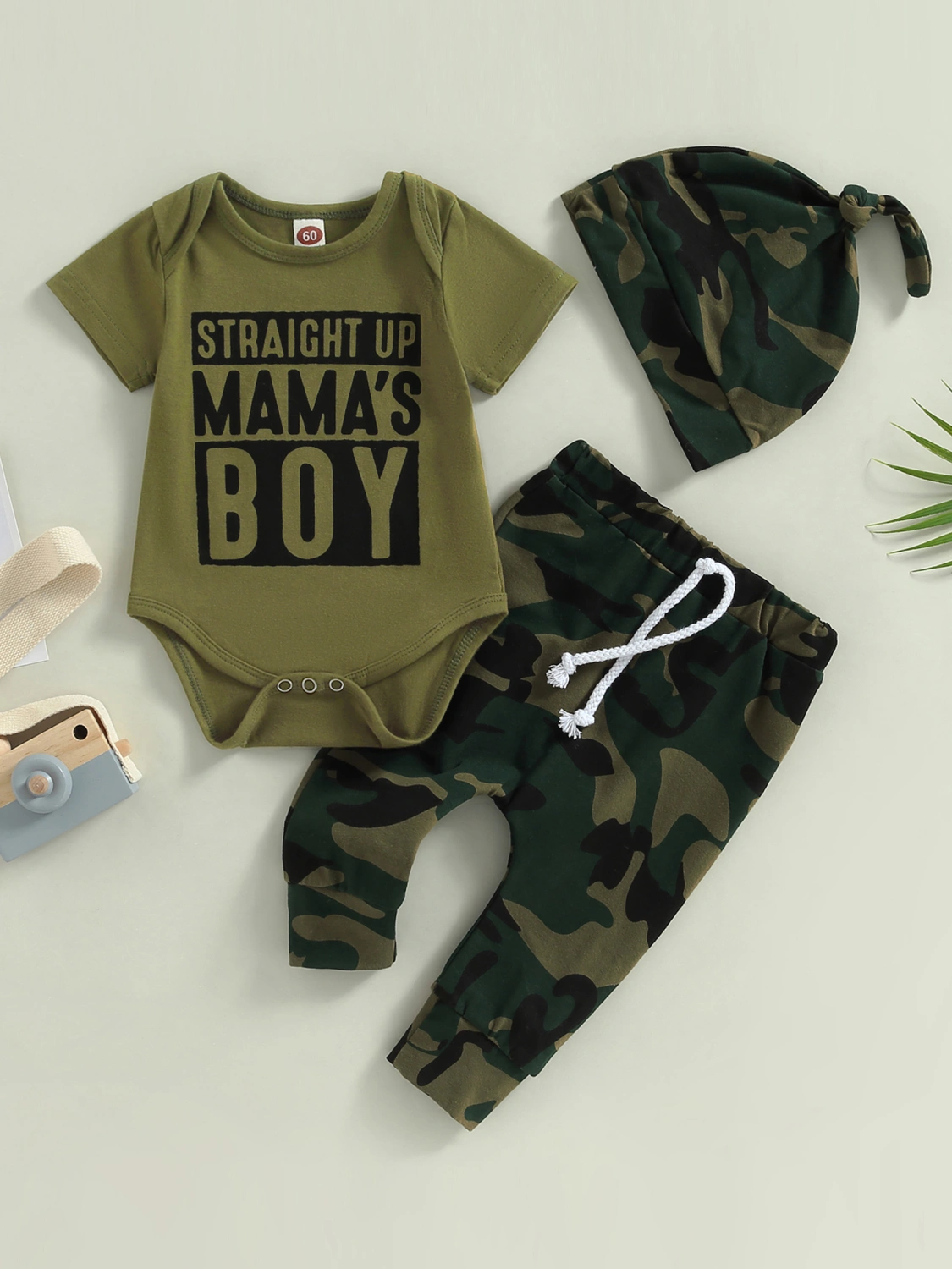 Baby Boy Spring Outfits, Letter Romper + Pants + Top Knot Hat Set