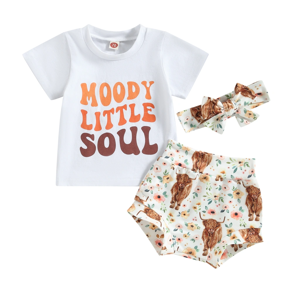 Baby Girl Western Clothes, T-Shirt + Cow Floral Shorts + Headband Set