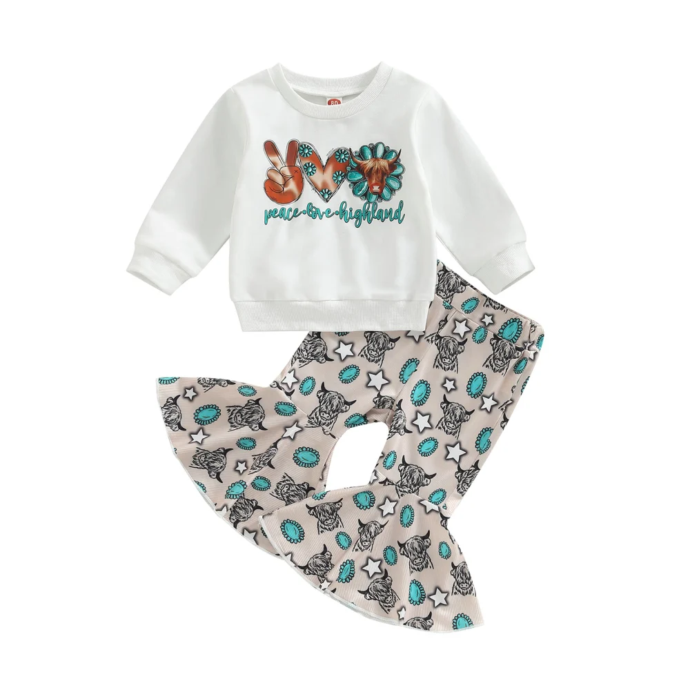 Girls Pants Set Letters Print Sweatshirt + Cow Head Print Flare Pants