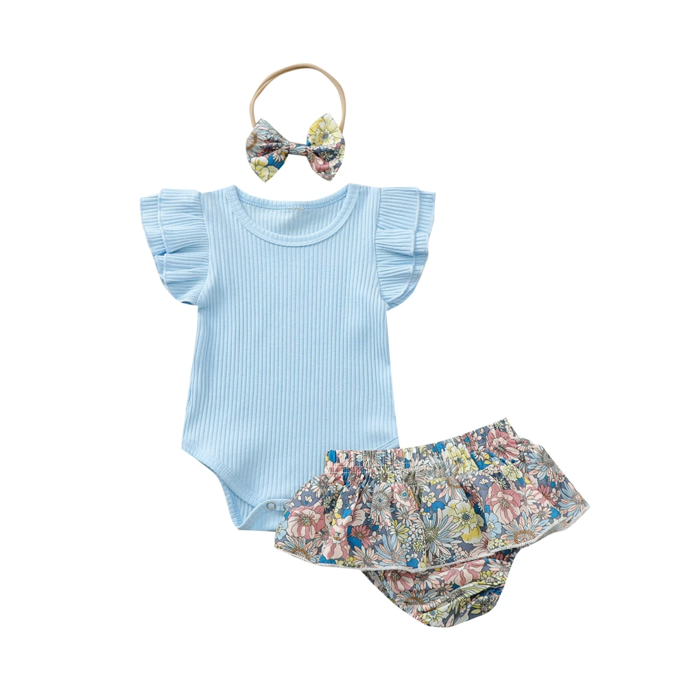 Baby Girl’s Fly Sleeve Romper and Flower Shorts with Headband