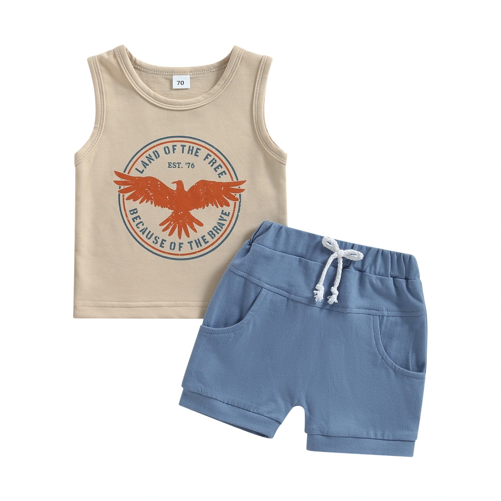 Boys Summer Letter Eagle Print Vest + Solid Color Drawstring Shorts