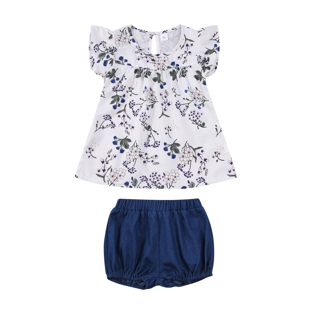 Girl’s Floral Short Dress and Solid Color Denim Short Pants Set