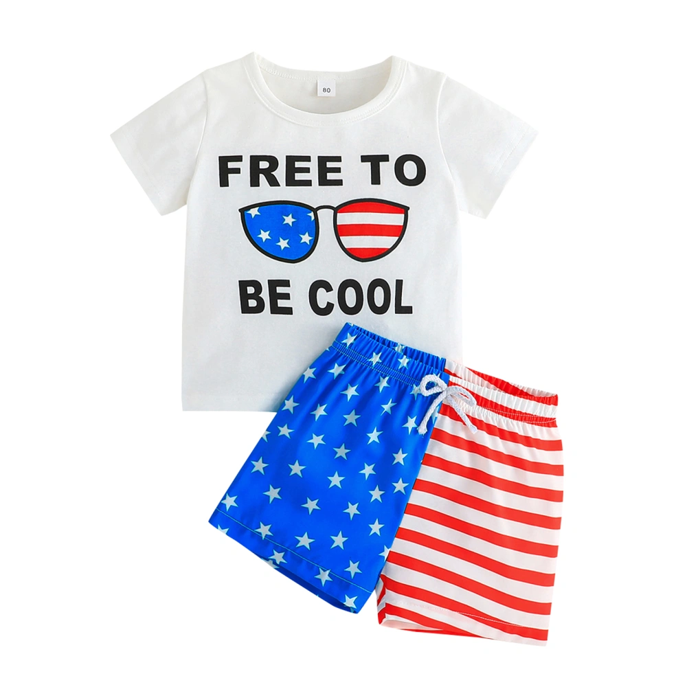 Boys White Short Sleeve Letter Tops + Stars Stripe Drawstring Shorts