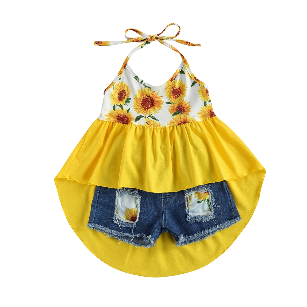 Girls Sunflower Print Clothes Set, Irregular Hem Sling Tops+Ripped Denim Shorts