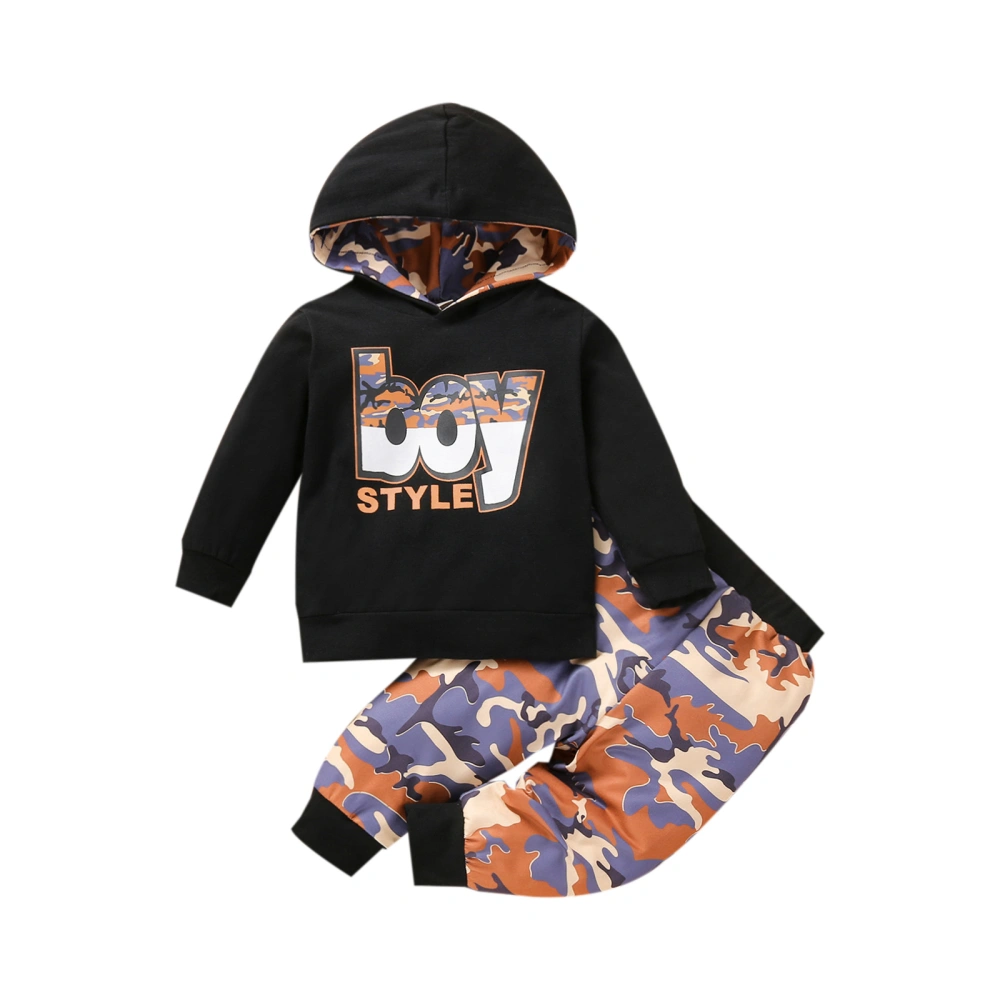 Boy’s Letter Long Sleeve Hooded Tops and Camouflage Long Pants Set