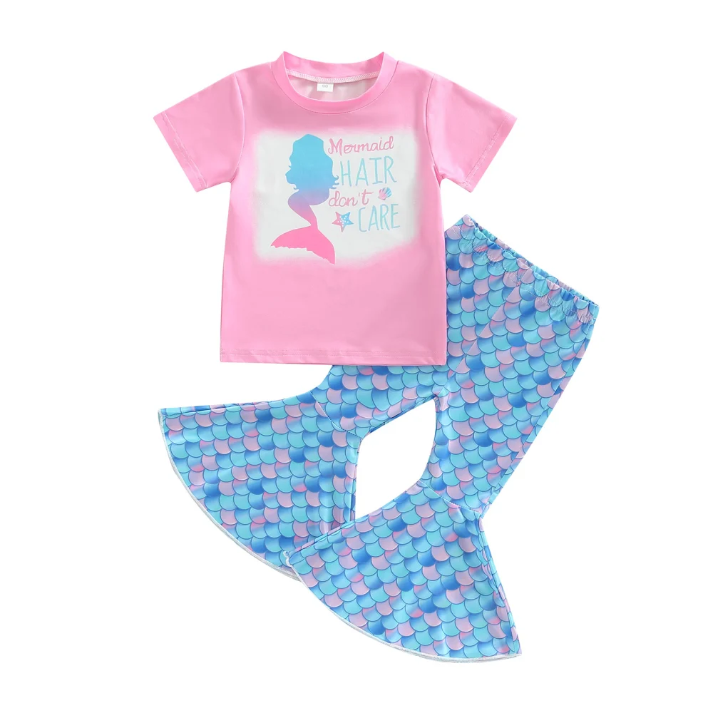 Kids Girls Outfits Summer Mermaid Short Sleeve Tops and Flare Pants