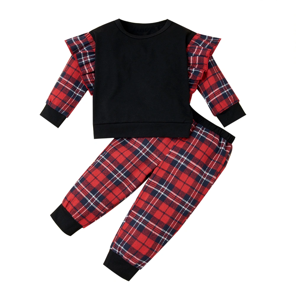 Newborn Baby Girl Two Piece Suit, Plaid Fly Shirt Elastic Trousers