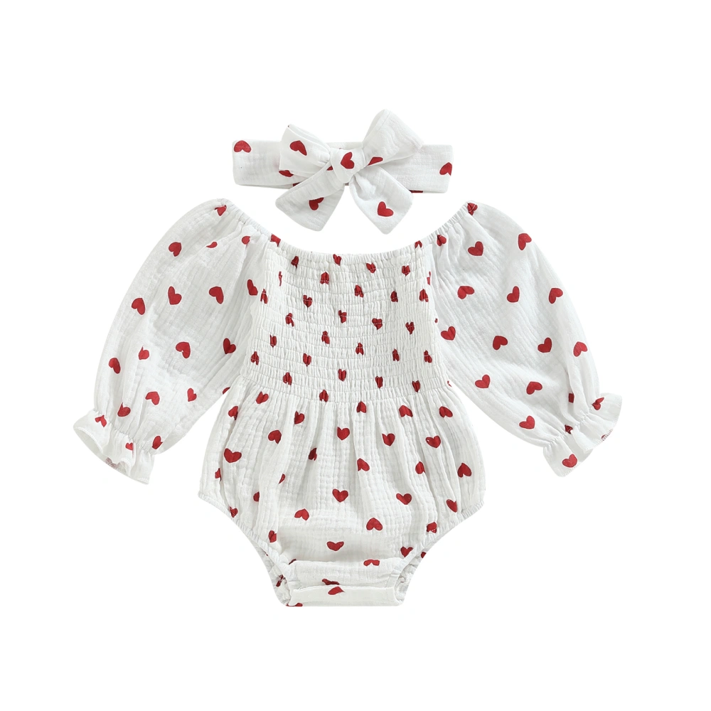 Baby Girls Valentine's Day Romper Heart Print Jumpsuits with Headband