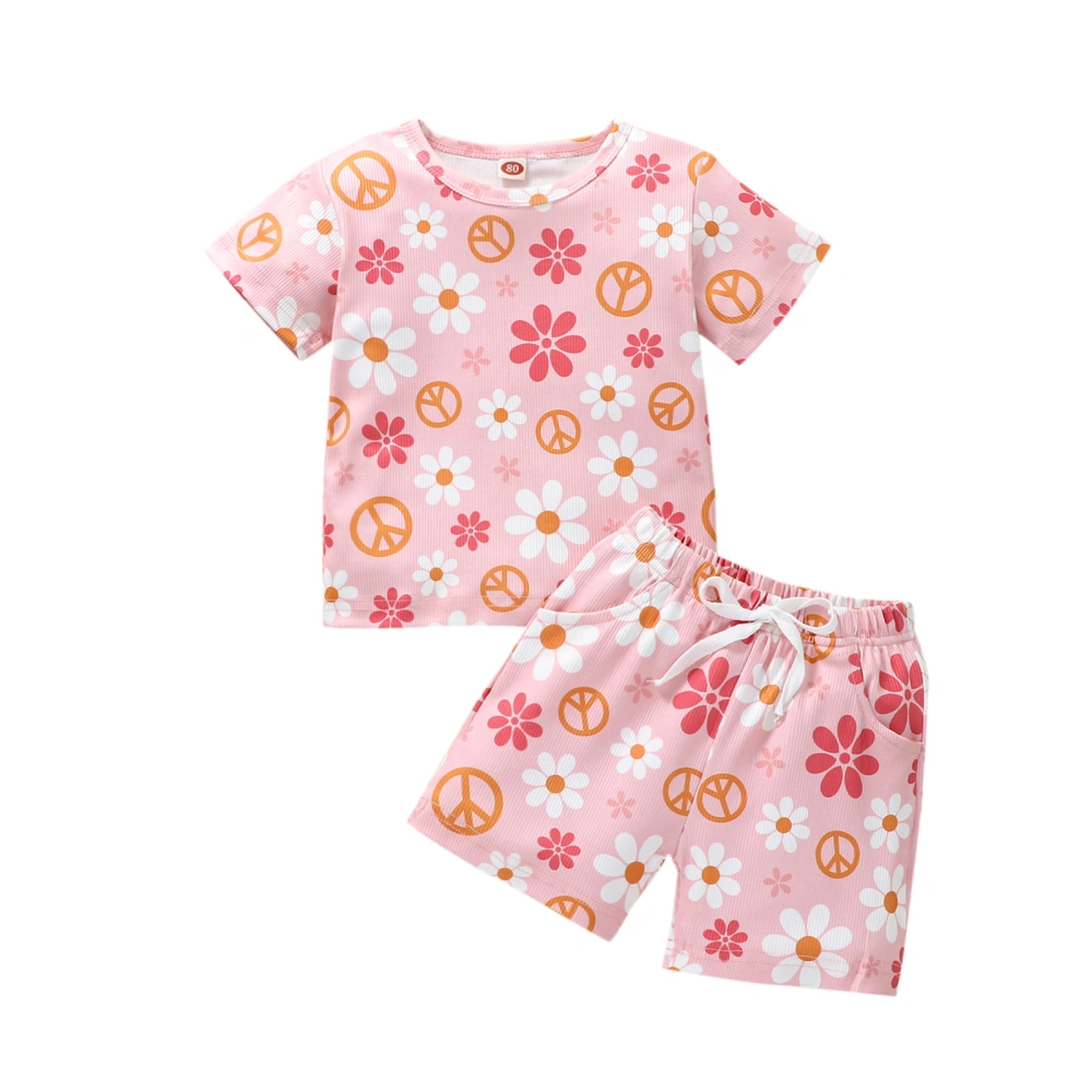 Toddler Girls Short Sleeve O Neck Floral Tops + Drawstring Shorts