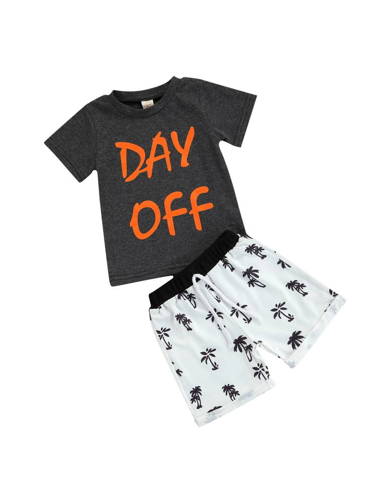 Toddler Summer Tracksuits, Letters Print T-Shirt + Coconut Tree Shorts