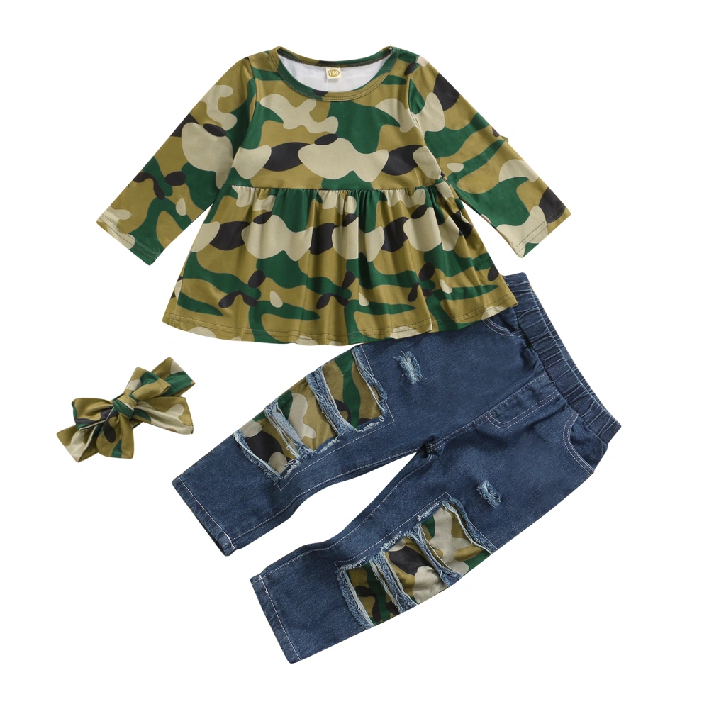 Girls Camouflage Printed Pattern Pullover, Jeans and Headdress