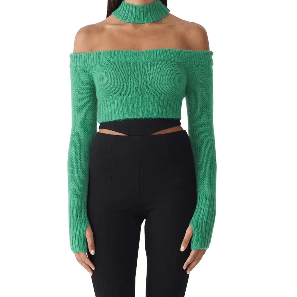 Women Knitted Long Sleeve Tops with Solid Color, Halter Clothing