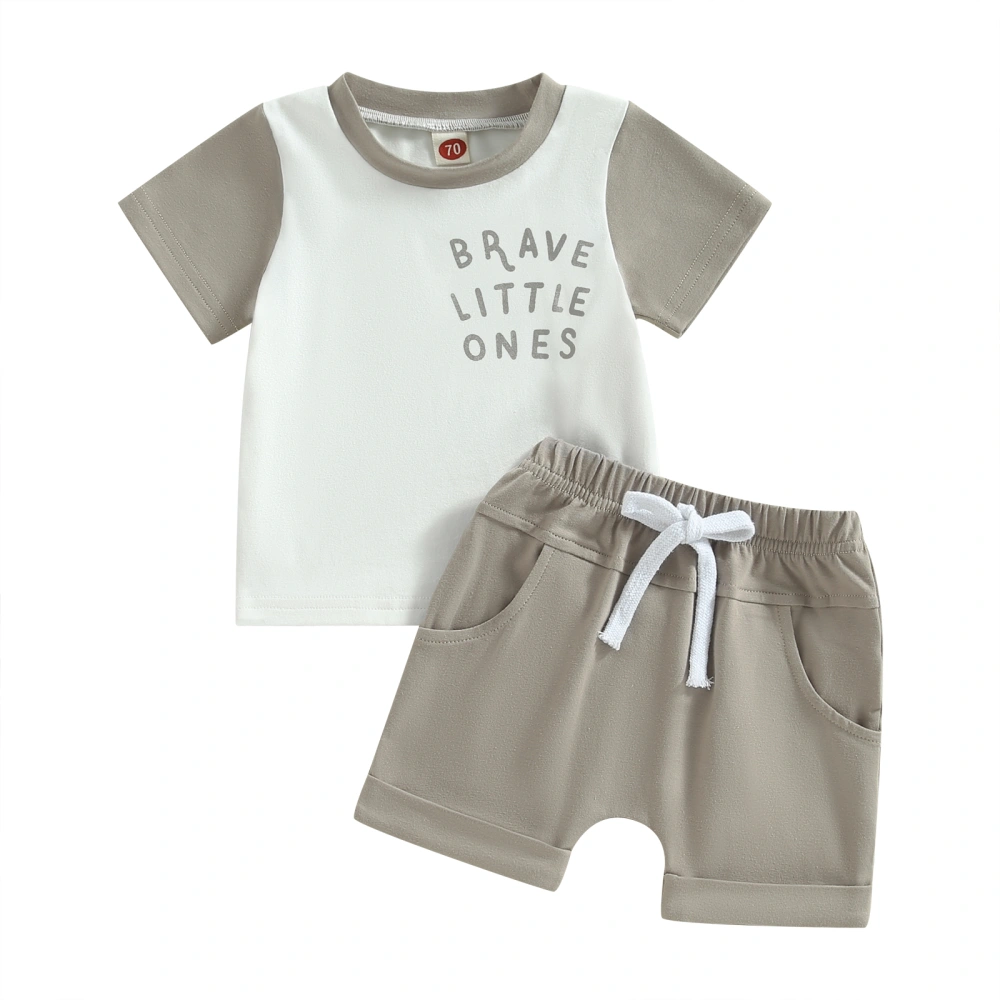 Boys Short Sleeve Contrast Color Tops + Solid Color Drawstring Shorts