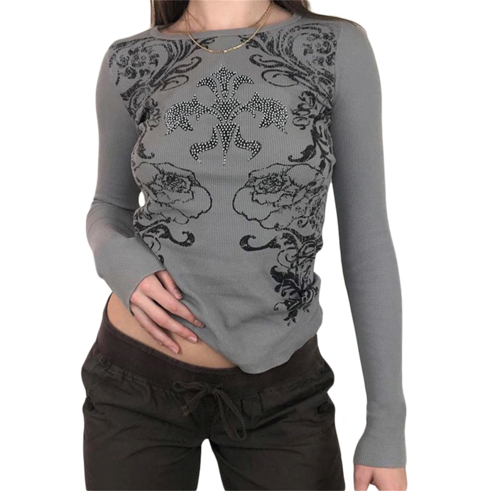 Women’s Flower Rhinestone Printed Round Neck Long Sleeve Ribbed Tops