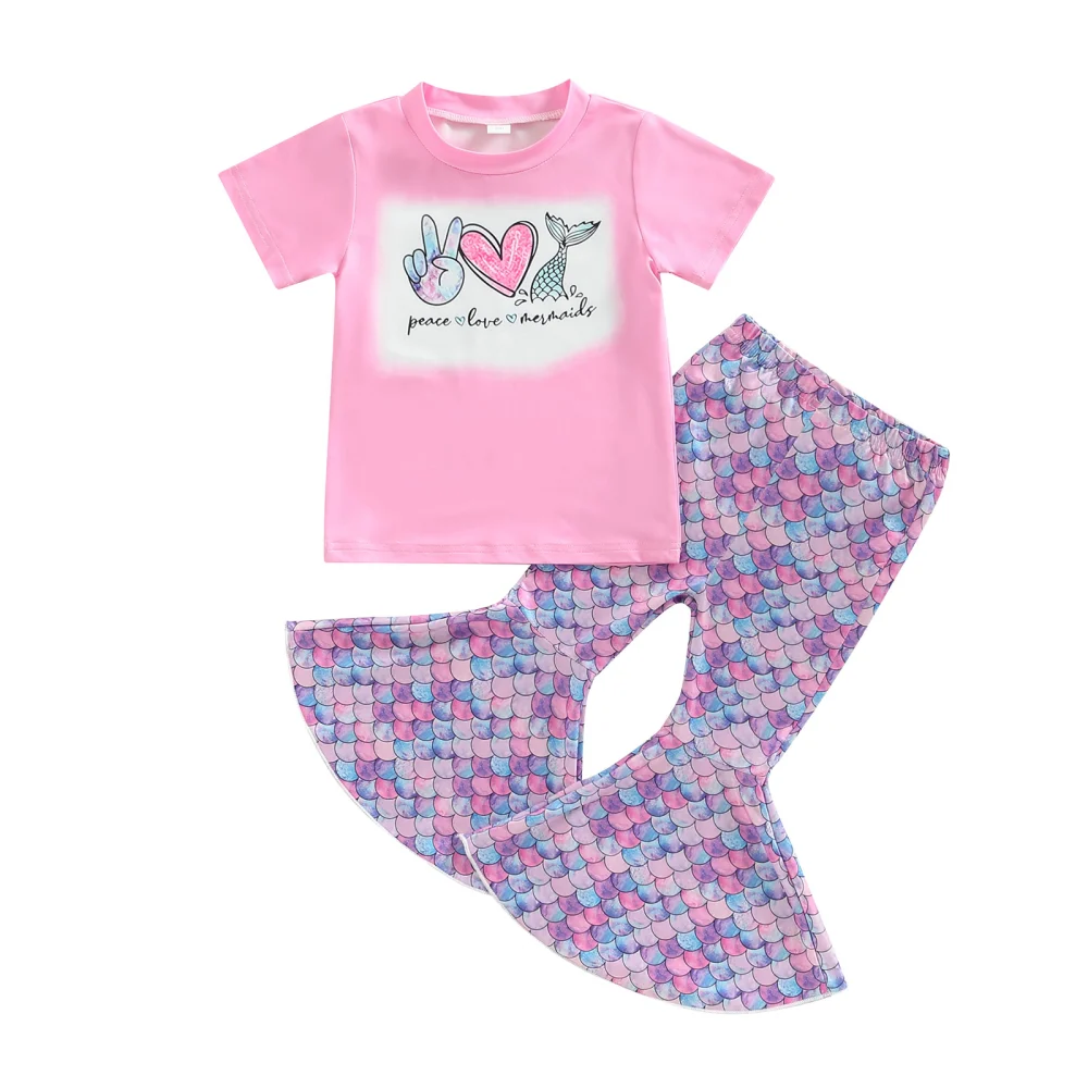 Girls Pants Set, Graphic Letters Print T-shirt + Fish Scales Pants