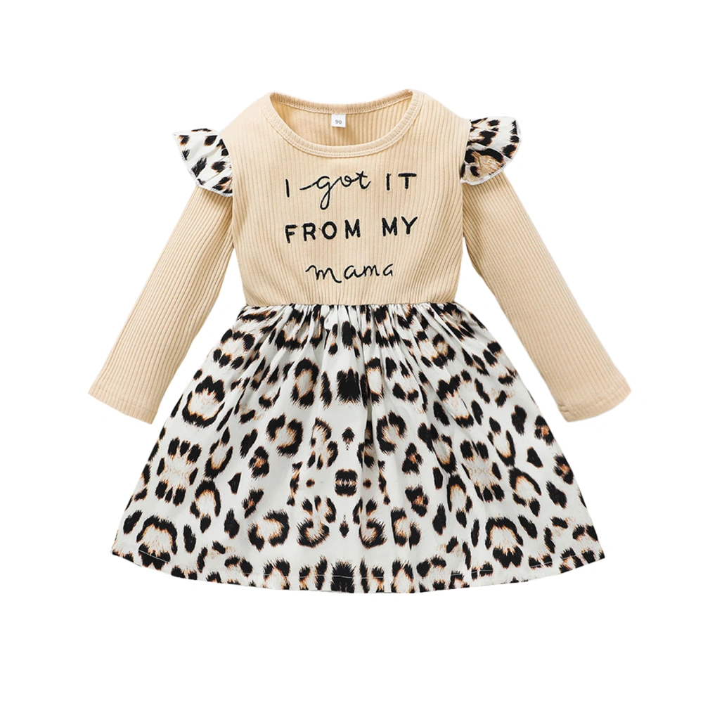 Girl’s Letter Print Leopard Stitching Round Neck Long Sleeve Dress