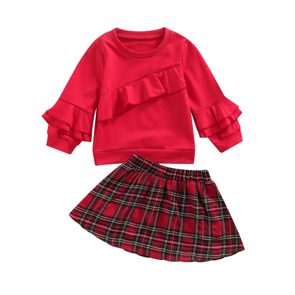 Girl’s Solid Color Ruffle Long Sleeve Tops and Plaid Short Skirt Set