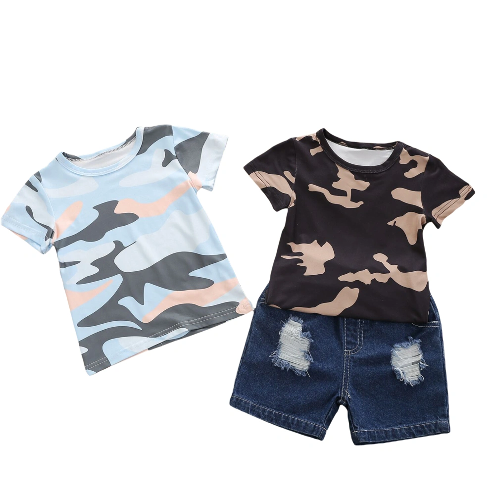 Girl’s Camouflage Short Sleeve Tops and Ripped Denim Shorts Set