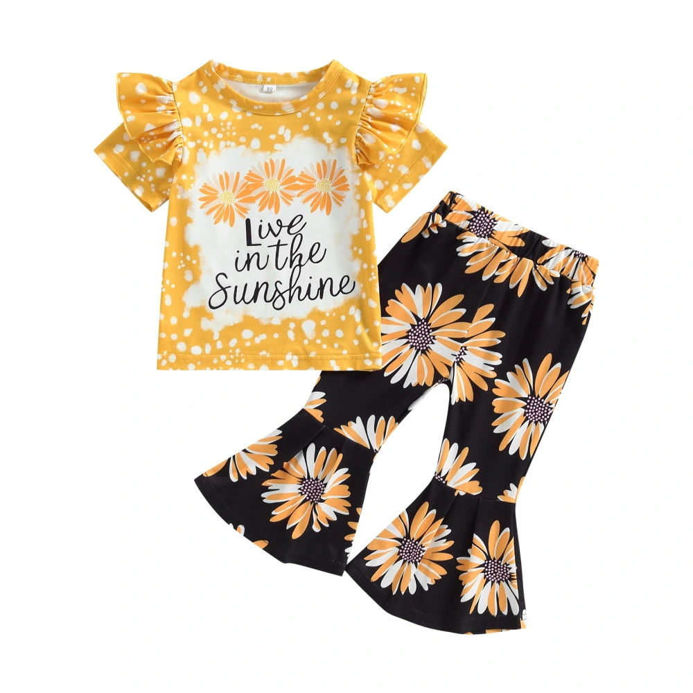 Toddler Girls Short Sleeve Letter Print Tops + Floral Flared Pants