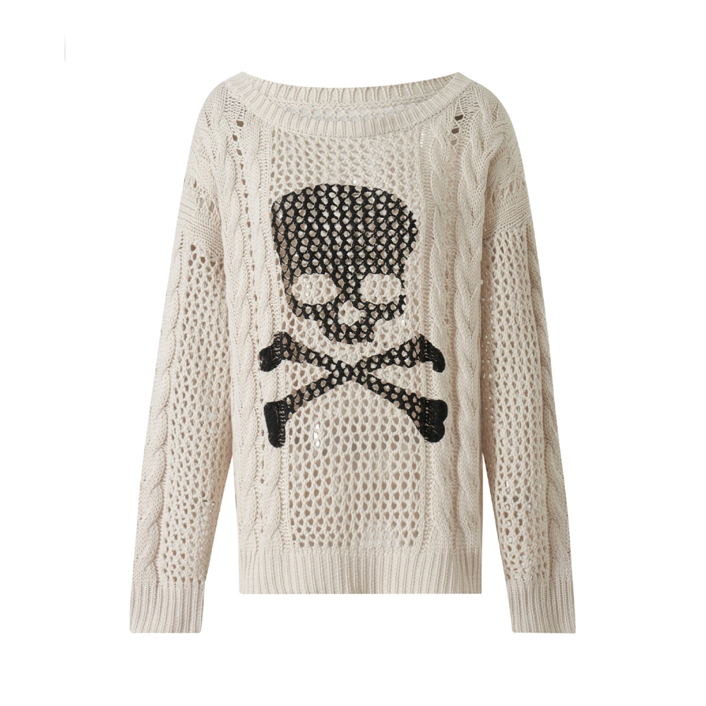 Women’s Hollow Out Long Sleeve Off Shoulder Skull Print Knit Sweaters