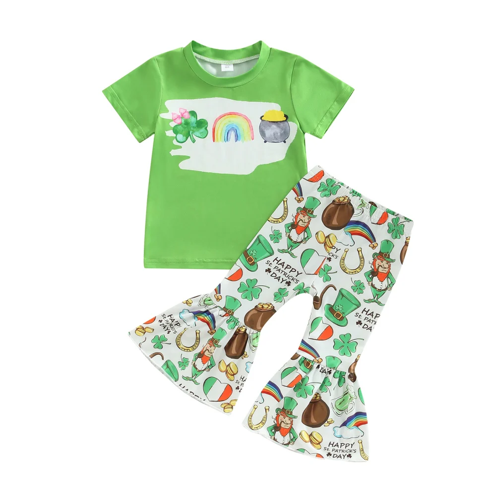 Kid Girls Pants Set, Clover Print Short Sleeve T-shirt + Flare Pants