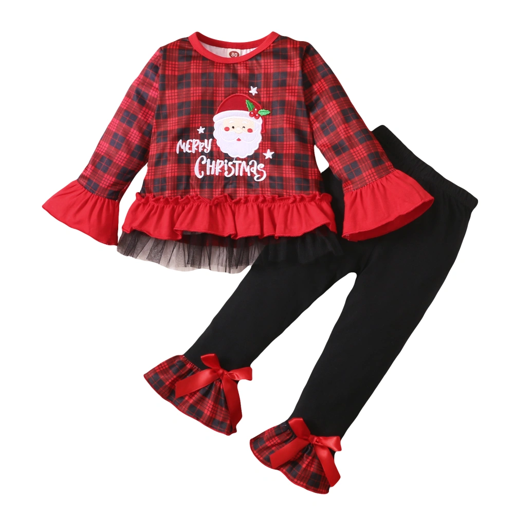 Girl’s Christmas Print Long Sleeve Tops and Plaid Long Pants Set