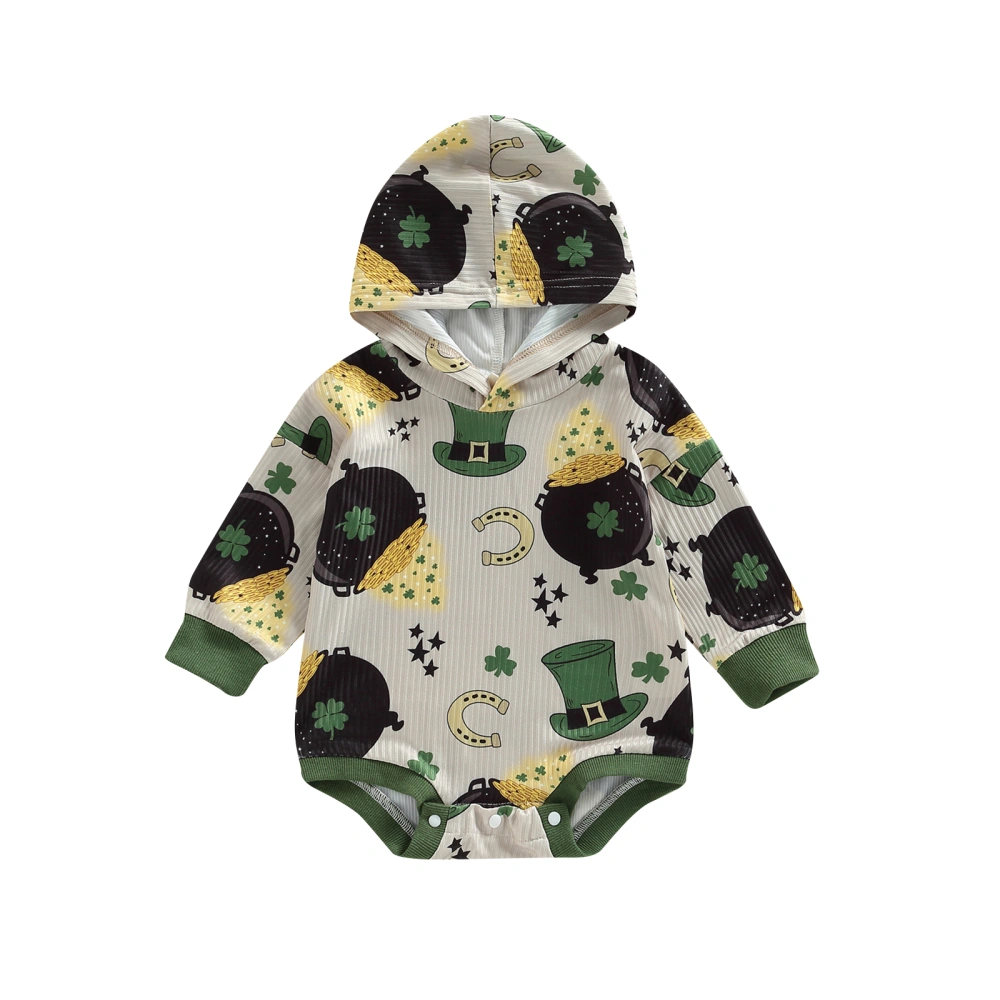 Infant Baby Spring Romper, Long Sleeve Shamrock Print Hooded Bodysuit