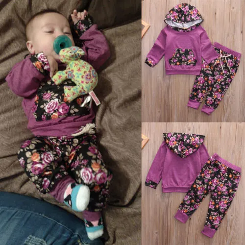 Baby Boy and Girl Clothes Set Floral Hooded Tops Pants Outfits