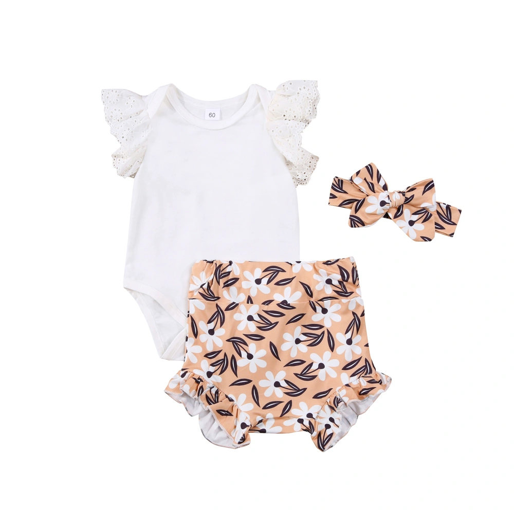 Baby Girl’ Fly/Short Sleeve Romper and Flower Shorts with Headband