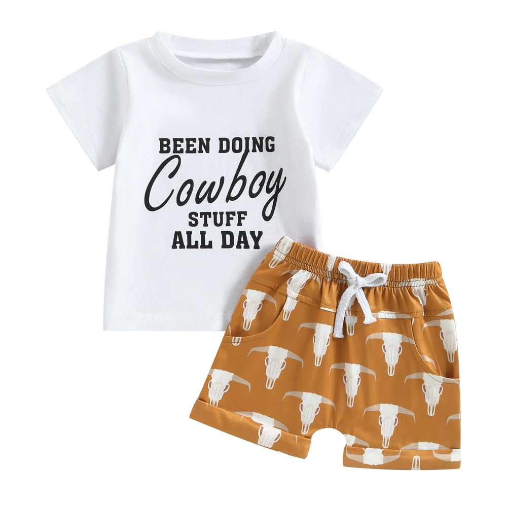 Boys White Letter Print Tops + Cattle Head Print Drawstring Shorts