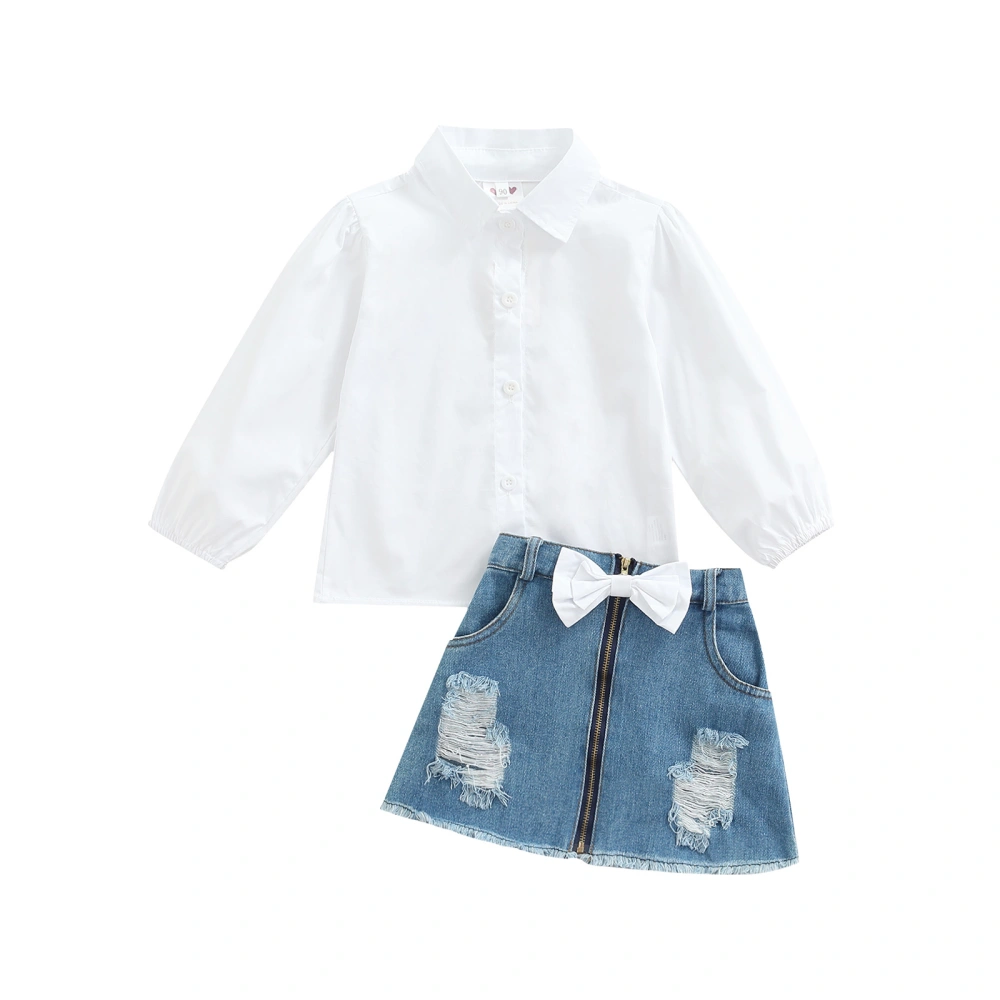 Kids Suit Set, Solid Color Lapel Long Sleeve Shirt+ Ripped Denim Skirt