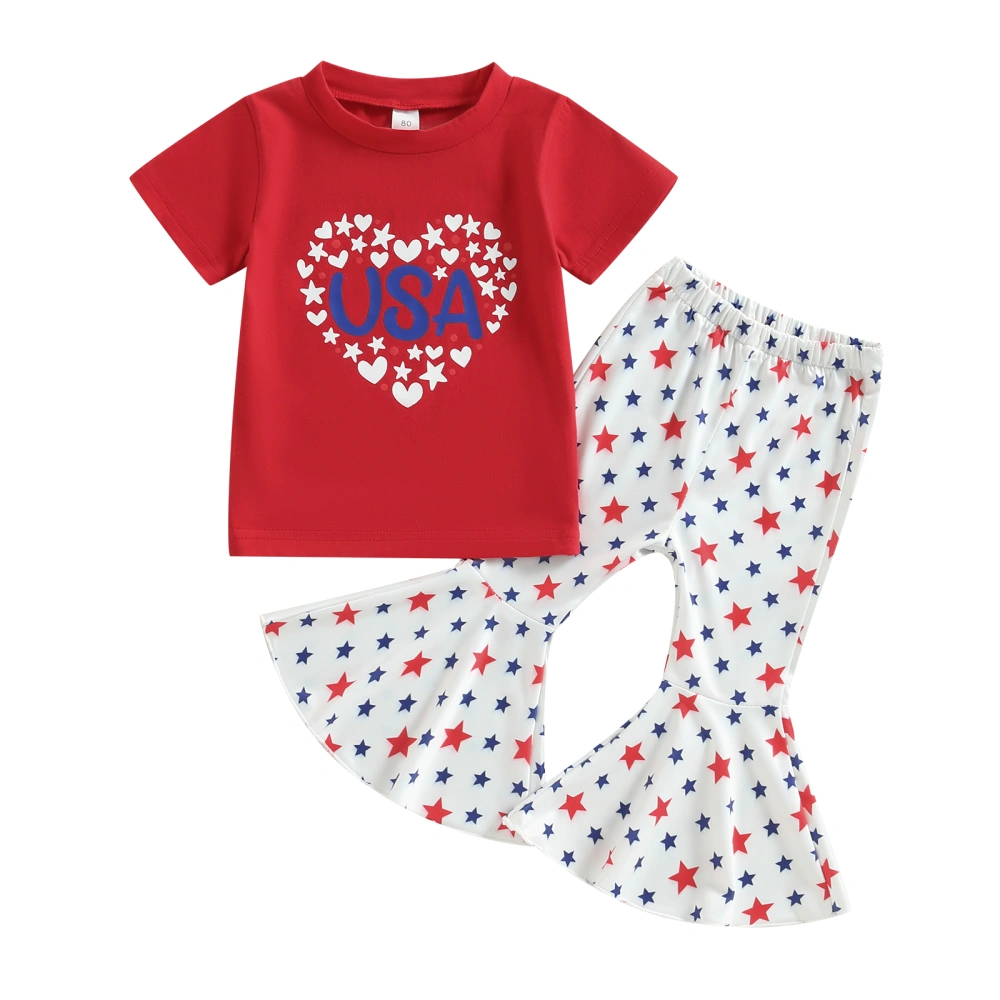 Kid Girls Pants Set, Heart Letters T-shirt + Stars Print Flare Pants